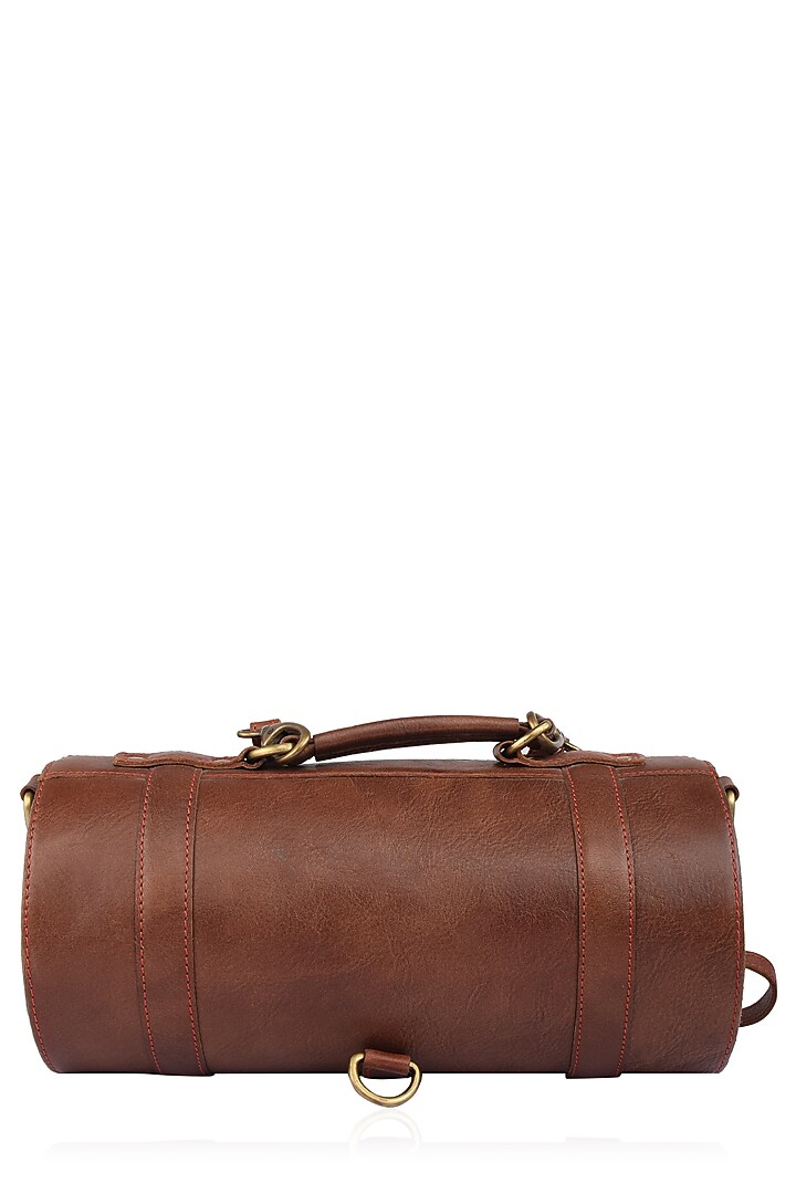 Samant Chauhan Accessories presents Brown silk thread and zari embroidered cylindrical leather bag available only at Pernia's Pop Up Shop.