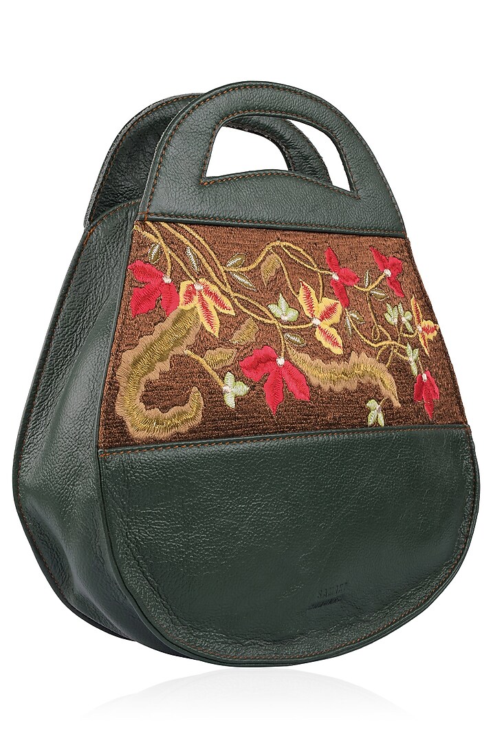 Samant Chauhan Accessories presents Green full grain floral embroidered textured bag available only at Pernia's Pop Up Shop.