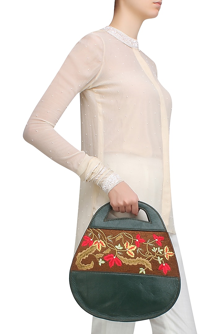 Green Full Grain Floral Embroidered Textured Leather Bag by Samant Chauhan Accessories