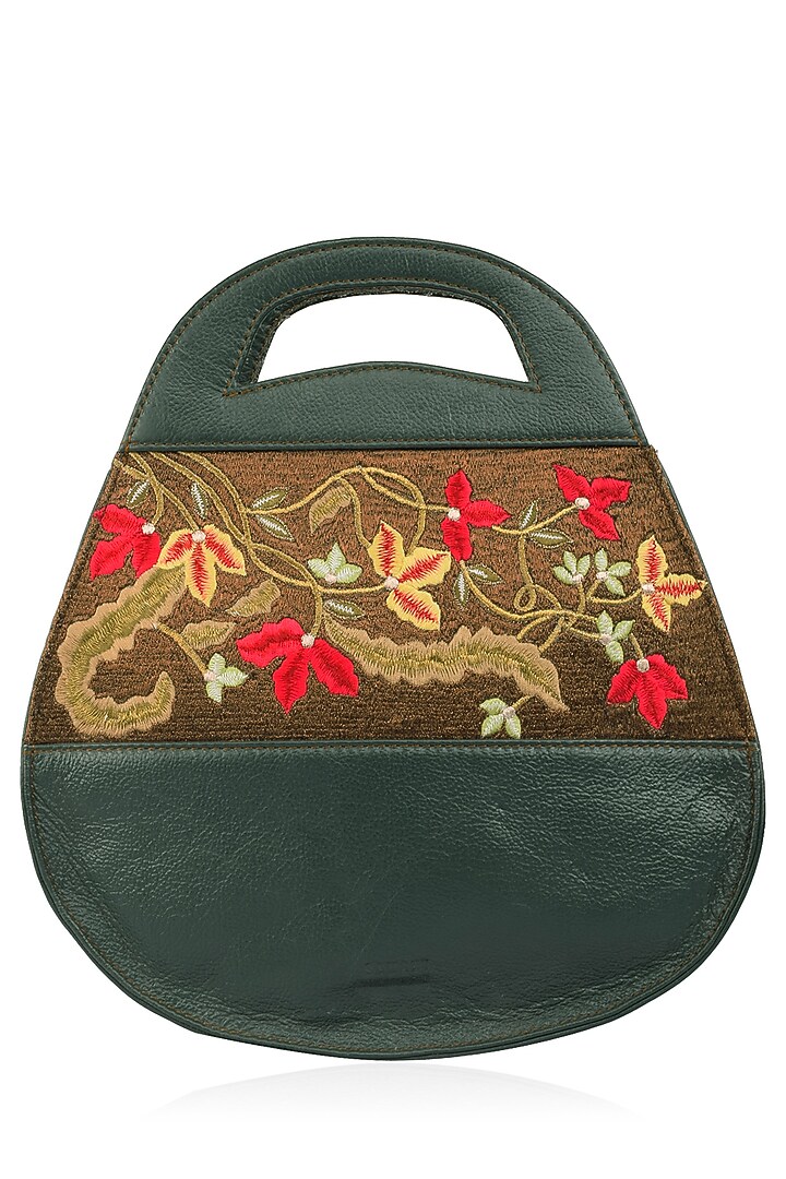 Samant Chauhan Accessories presents Green full grain floral embroidered textured bag available only at Pernia's Pop Up Shop.