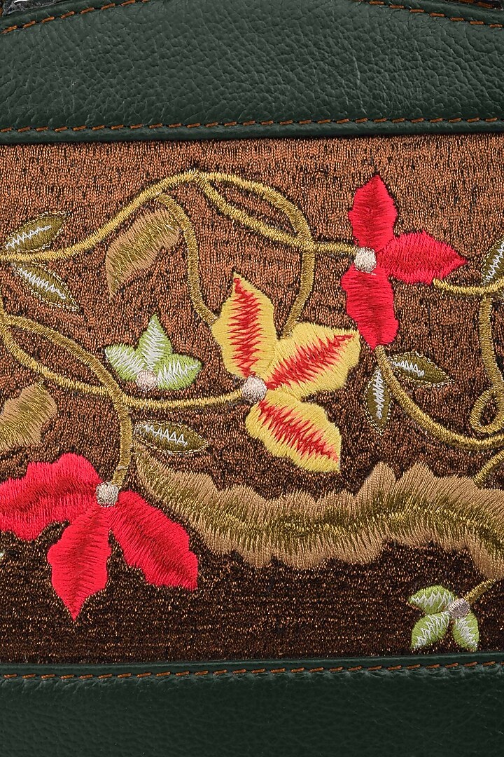 Samant Chauhan Accessories presents Green full grain floral embroidered textured bag available only at Pernia's Pop Up Shop.