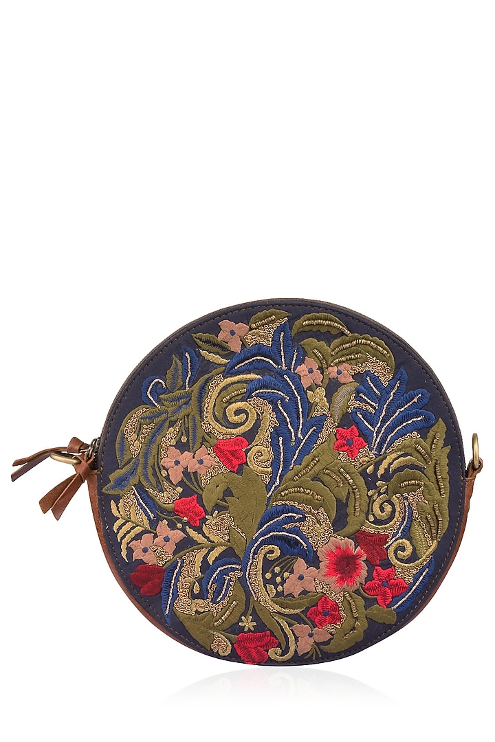 Samant Chauhan Accessories presents Brown and blue floral embroidered leather bag available only at Pernia's Pop Up Shop.