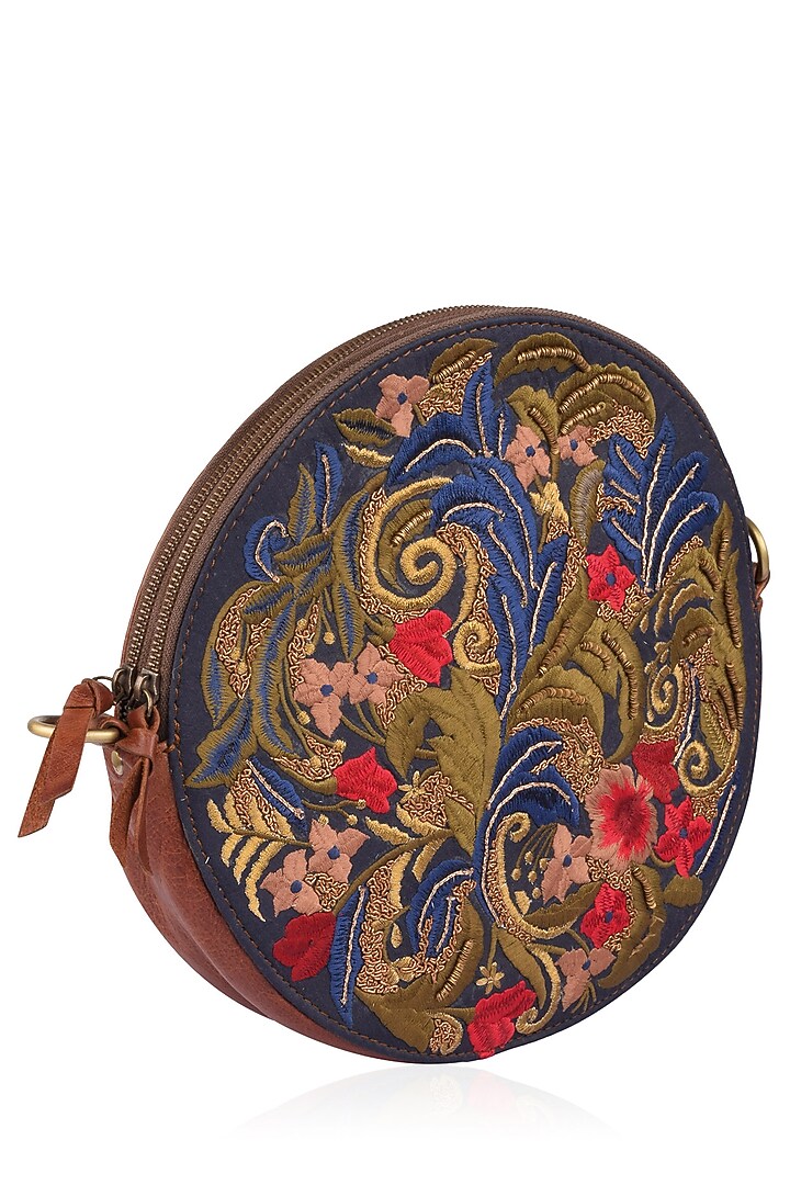 Samant Chauhan Accessories presents Brown and blue floral embroidered leather bag available only at Pernia's Pop Up Shop.