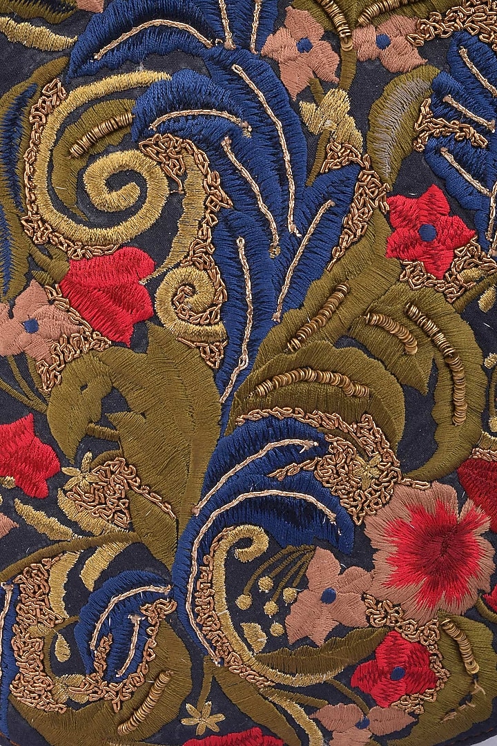 Samant Chauhan Accessories presents Brown and blue floral embroidered leather bag available only at Pernia's Pop Up Shop.