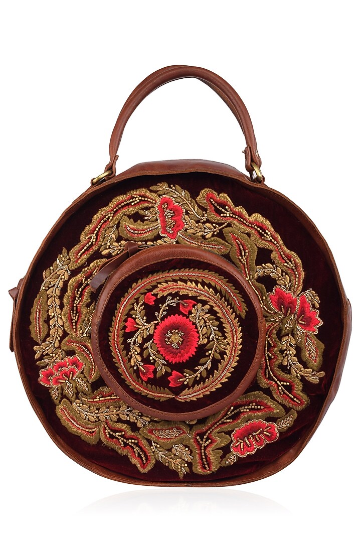 Samant Chauhan Accessories presents Brown and maroon floral embroidered round leather bag available only at Pernia's Pop Up Shop.