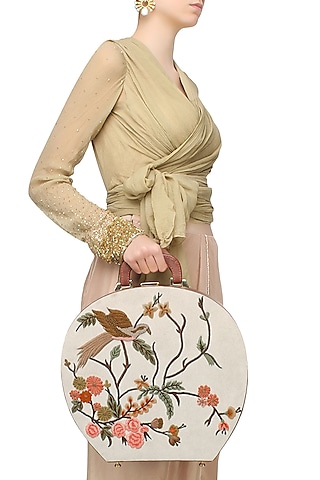 Off White Silk Thread Embroidered Hard Case Leather Trunk by Samant Chauhan Accessories