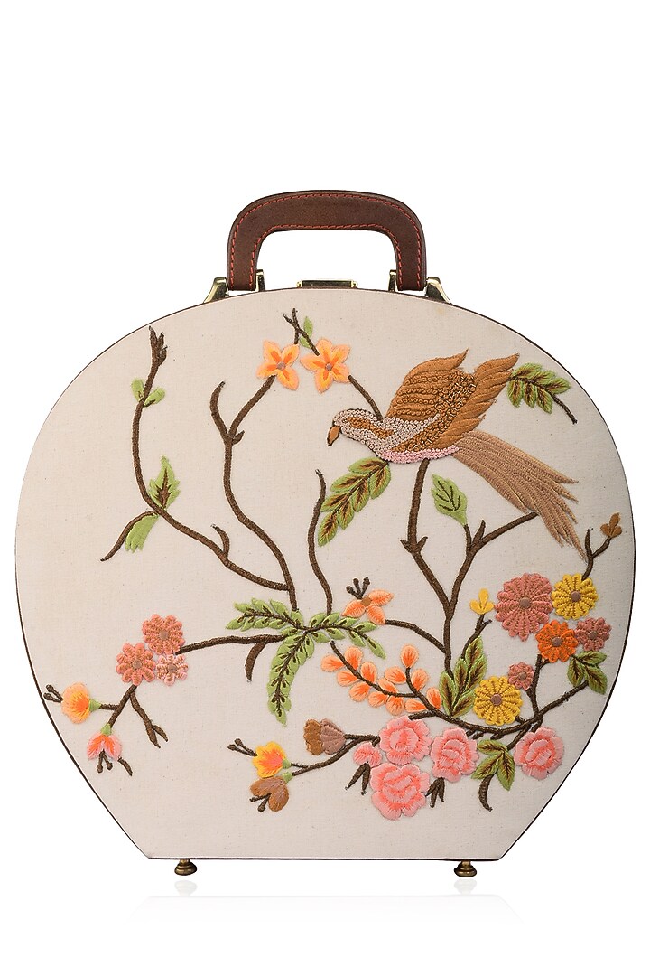 Samant Chauhan Accessories presents Off white silk thread embroidered hard case leather trunk available only at Pernia's Pop Up Shop.