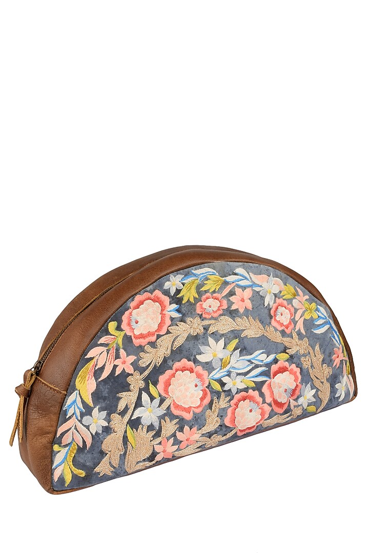 Samant Chauhan Accessories presents Brown floral embroidered half moon oversized leather clutch available only at Pernia's Pop Up Shop.