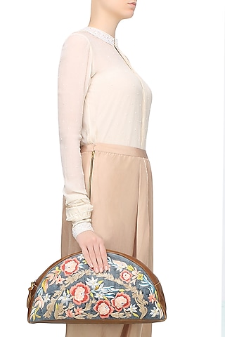 Brown Floral Embroidered Half Moon Oversized Leather Clutch by Samant Chauhan Accessories