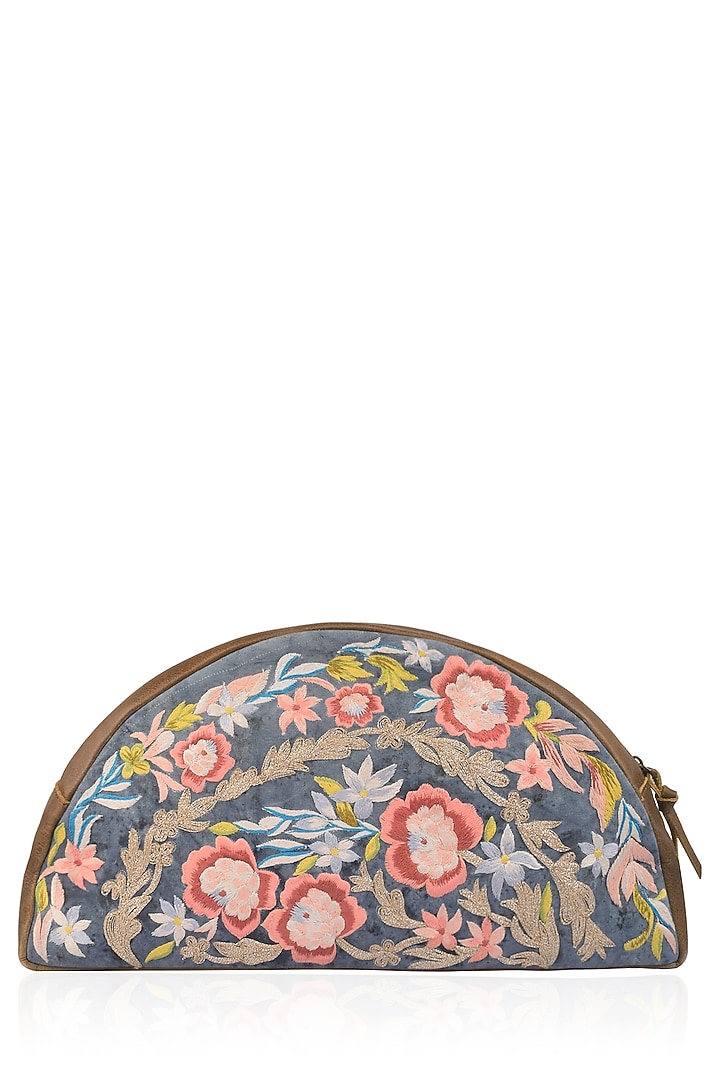 Samant Chauhan Accessories presents Brown floral embroidered half moon oversized leather clutch available only at Pernia's Pop Up Shop.