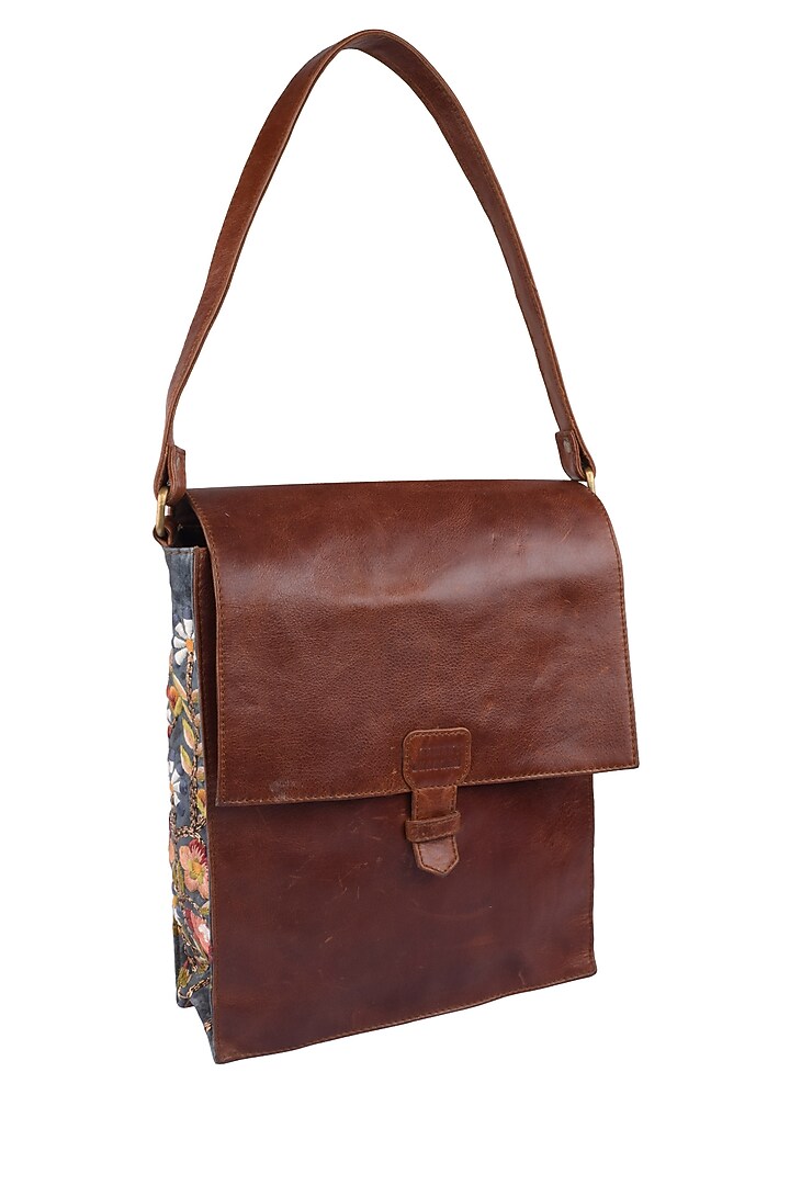 Samant Chauhan Accessories presents Brown floral embroidered leather messenger bag available only at Pernia's Pop Up Shop.