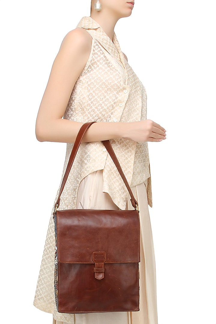 Brown Floral Embroidered Leather Messenger Bag by Samant Chauhan Accessories