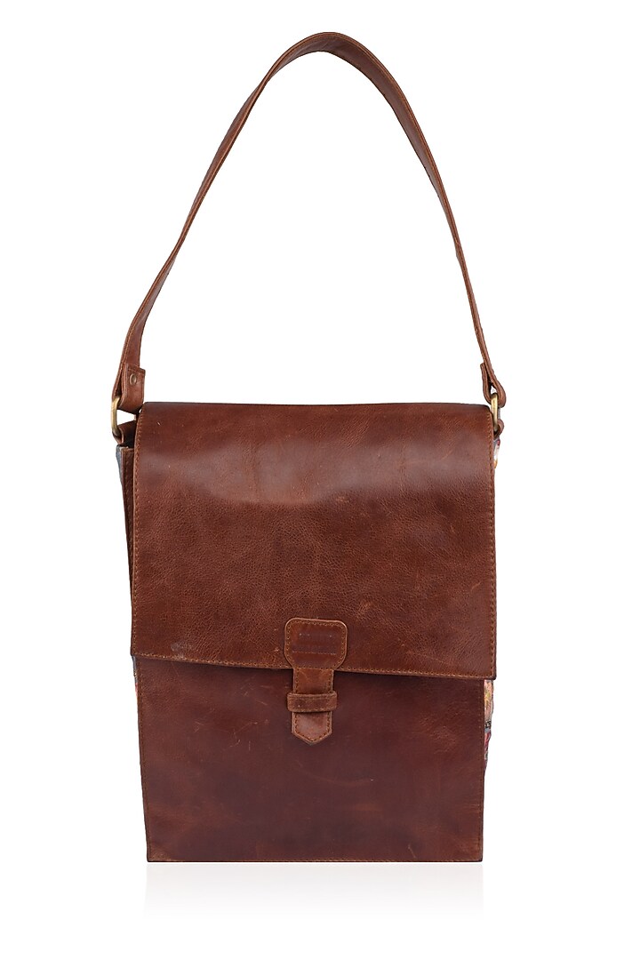 Samant Chauhan Accessories presents Brown floral embroidered leather messenger bag available only at Pernia's Pop Up Shop.