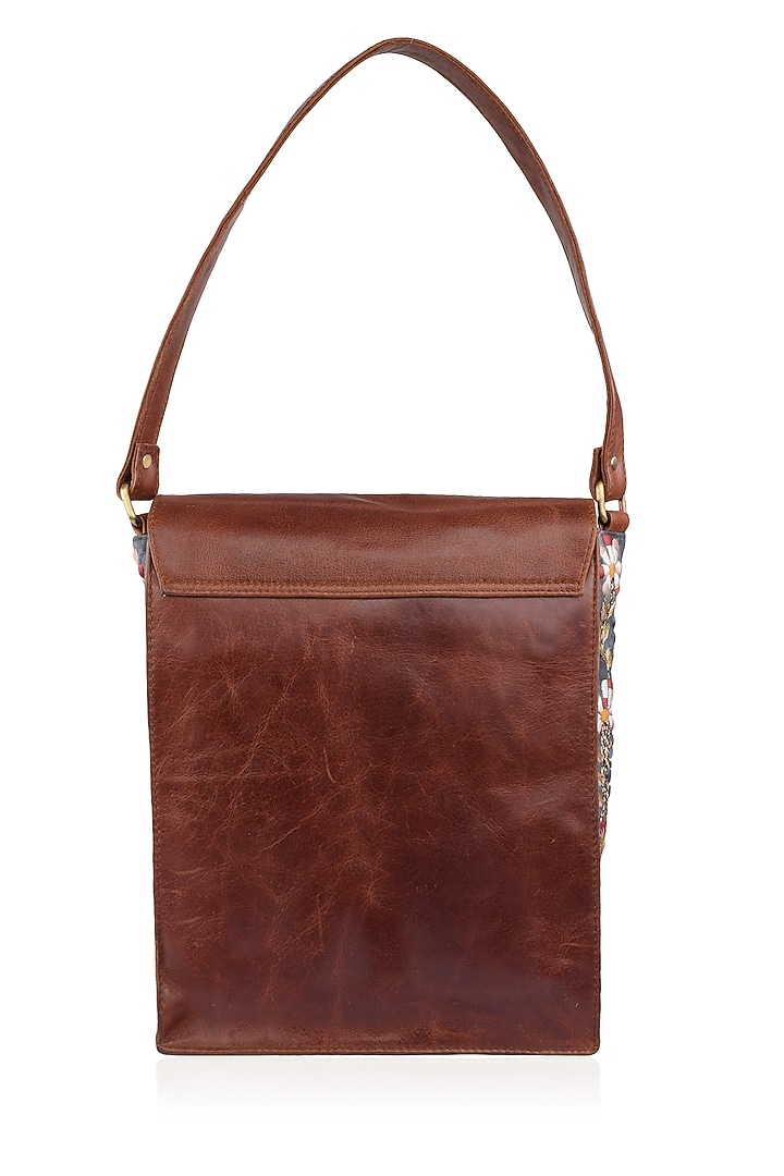 Samant Chauhan Accessories presents Brown floral embroidered leather messenger bag available only at Pernia's Pop Up Shop.