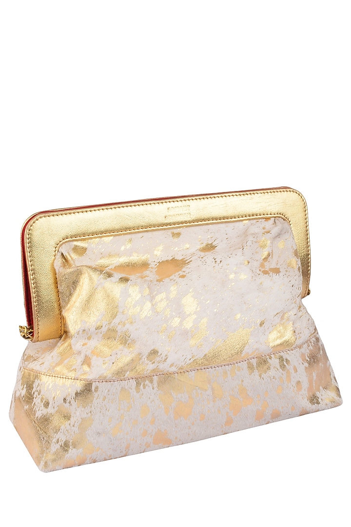 Samant Chauhan Accessories presents Off white and gold foil applique oversized leather frame bag available only at Pernia's Pop Up Shop.