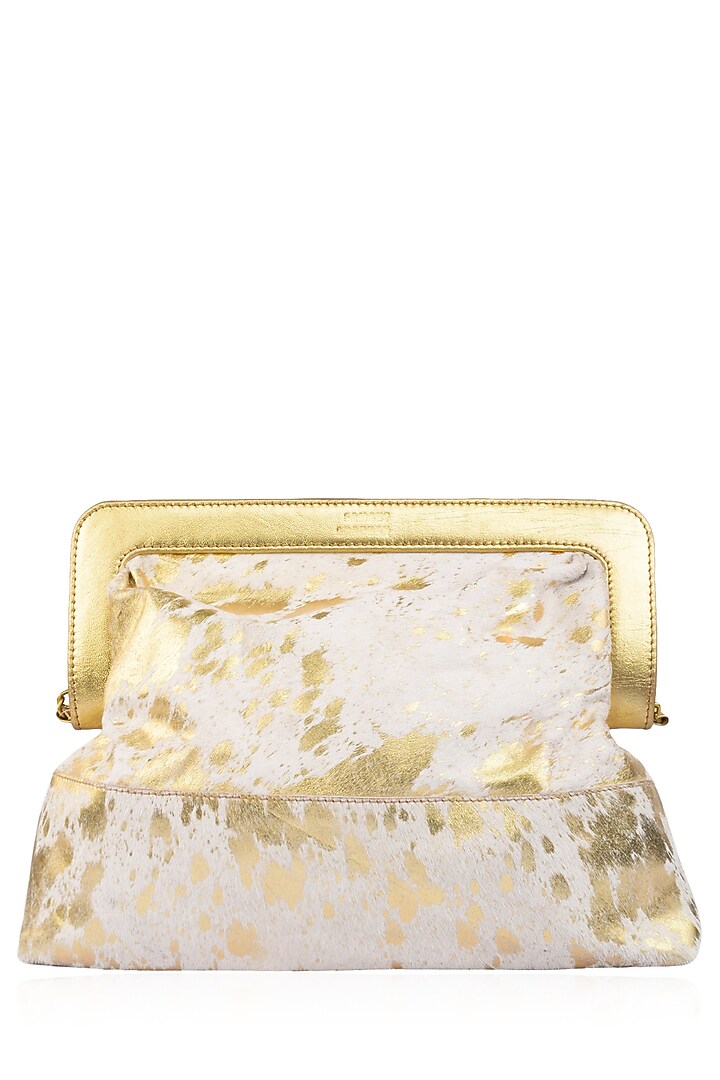 Samant Chauhan Accessories presents Off white and gold foil applique oversized leather frame bag available only at Pernia's Pop Up Shop.
