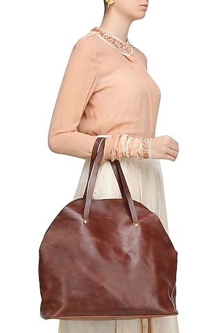 Brown Pull Up Leather Tote Bag by Samant Chauhan Accessories