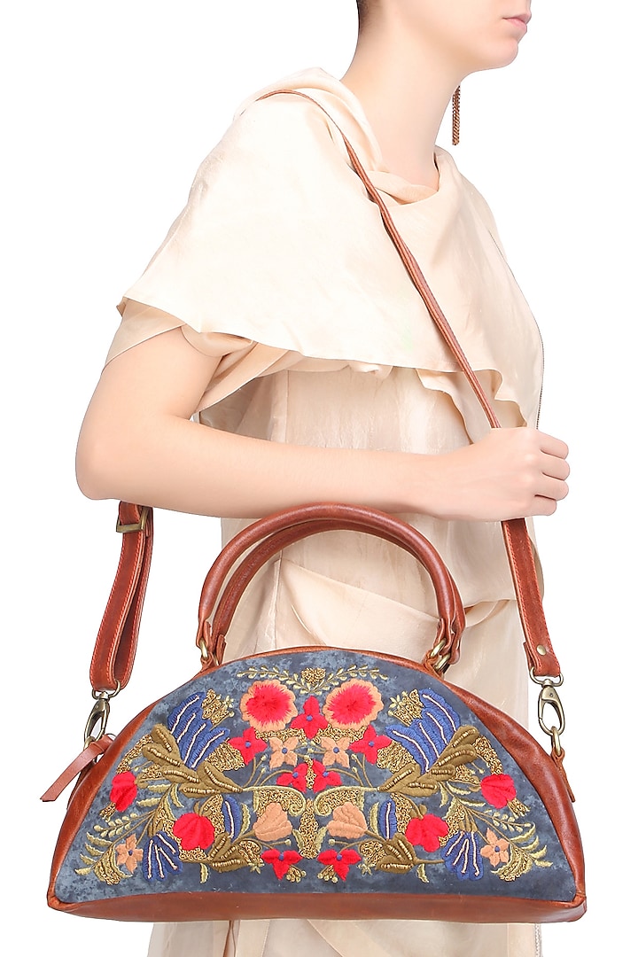 Blue and Brown Floral Embroidered Half Moon Leather Duffle Bag by Samant Chauhan Accessories