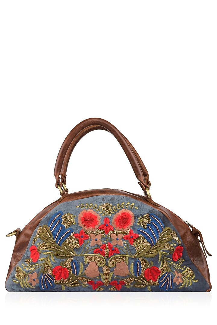 Samant Chauhan Accessories presents Blue and brown floral embroidered half moon leather duffle bag available only at Pernia's Pop Up Shop.