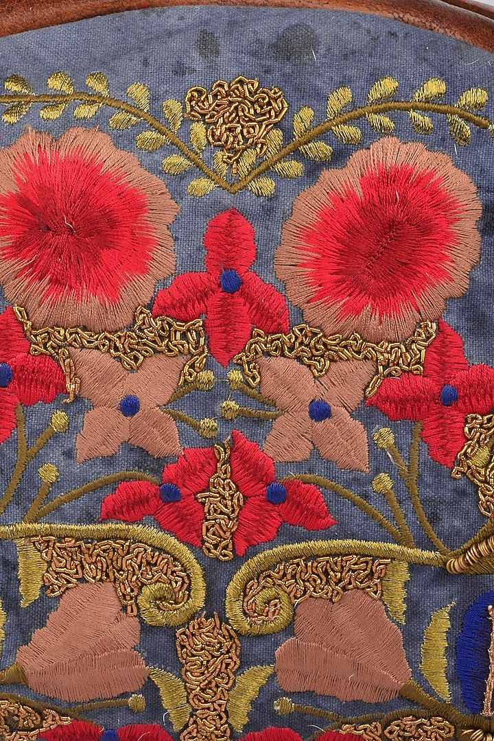 Samant Chauhan Accessories presents Blue and brown floral embroidered half moon leather duffle bag available only at Pernia's Pop Up Shop.