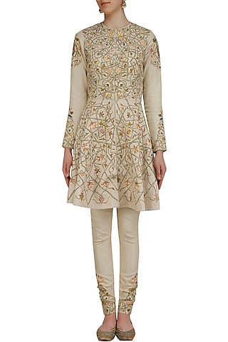 Beige Floral Embroidered Short Anarkali Set by Samant Chauhan