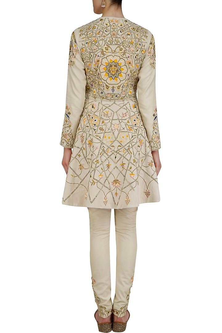 Beige floral embroidered short anarkali set available only at Pernia's Pop Up Shop.