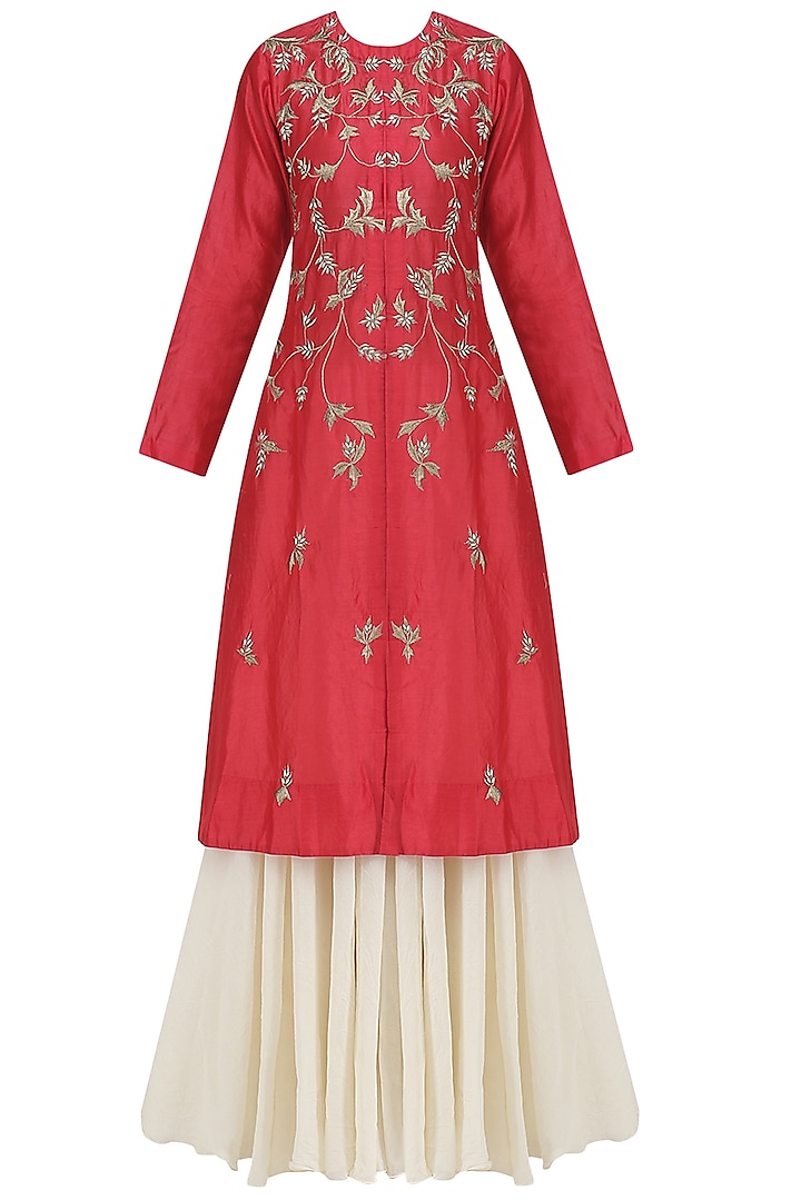 Dark Pink Embroidered Kurta with Off White Maxi Dress by Samant Chauhan