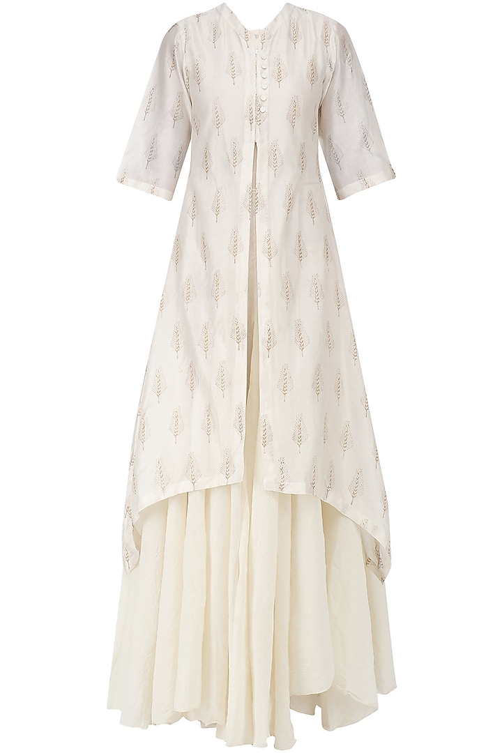 Off White Block Print Asymmetric Kurta with Maxi Dress by Samant Chauhan