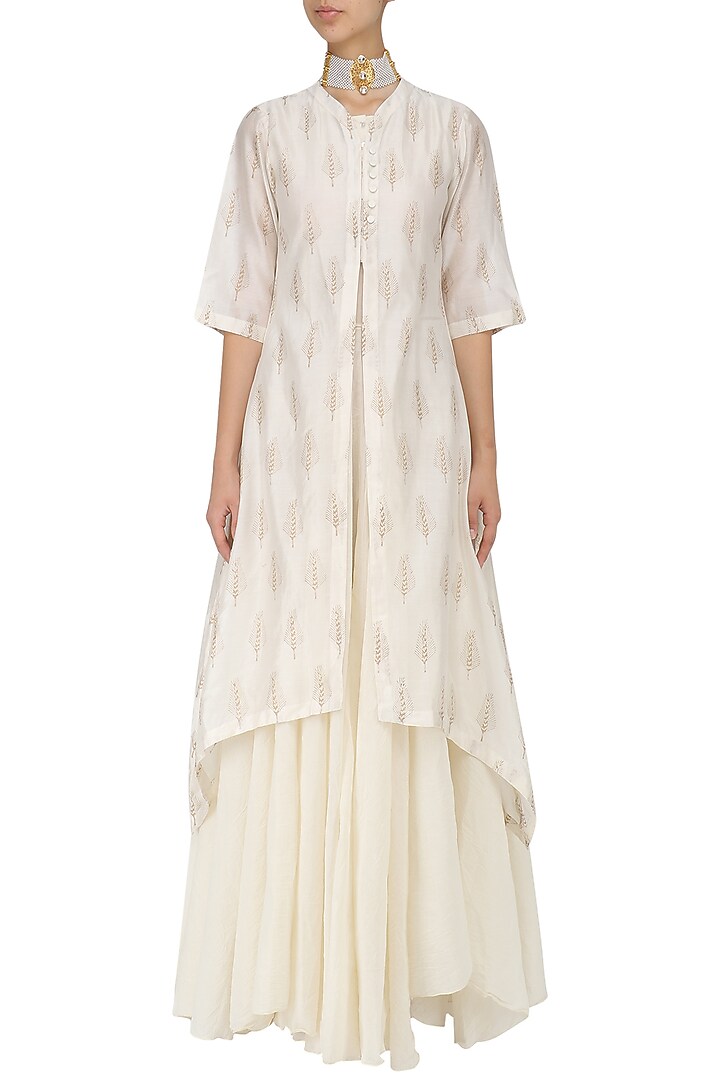 Off white block print asymmetric kurta with maxi dress available only at Pernia's Pop Up Shop.