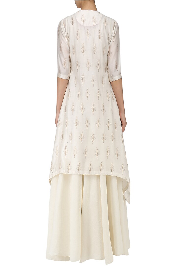 Off white block print asymmetric kurta with maxi dress available only at Pernia's Pop Up Shop.