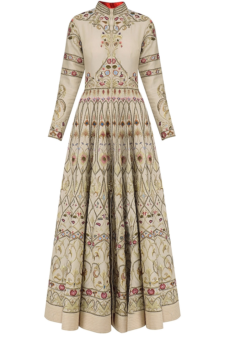 Beige Thread Embroidered Front Open Anarkali Gown by Samant Chauhan