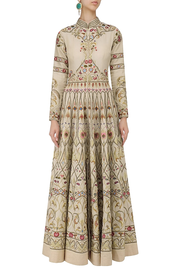 Beige thread embroidered front open anarkali gown available only at Pernia's Pop Up Shop.