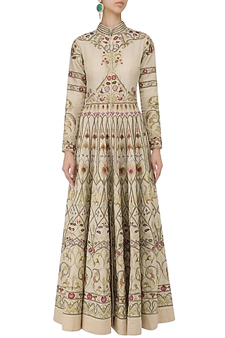 Beige Thread Embroidered Front Open Anarkali Gown by Samant Chauhan
