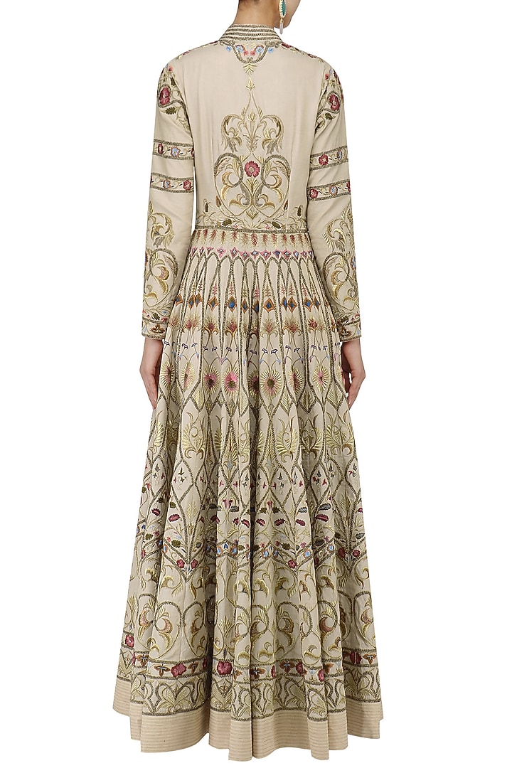 Beige thread embroidered front open anarkali gown available only at Pernia's Pop Up Shop.
