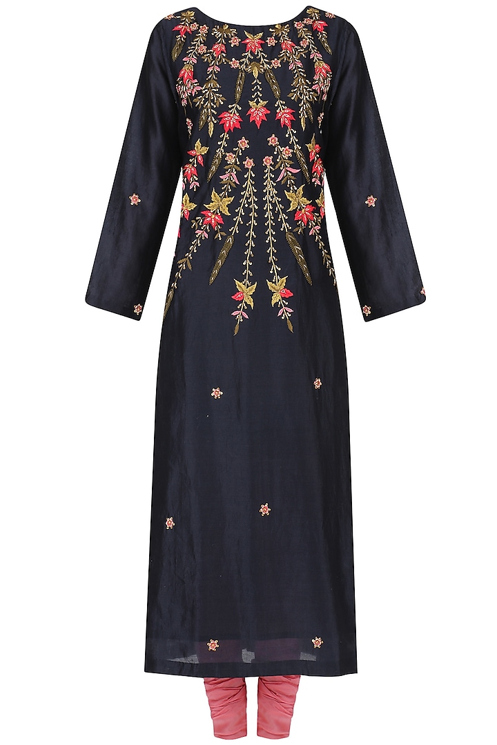 Navy and Pink Embroidered A Line Kurta Set by Samant Chauhan