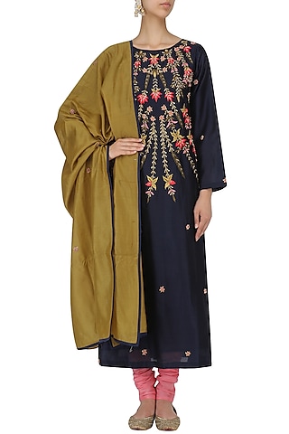 Navy and Pink Embroidered A Line Kurta Set by Samant Chauhan