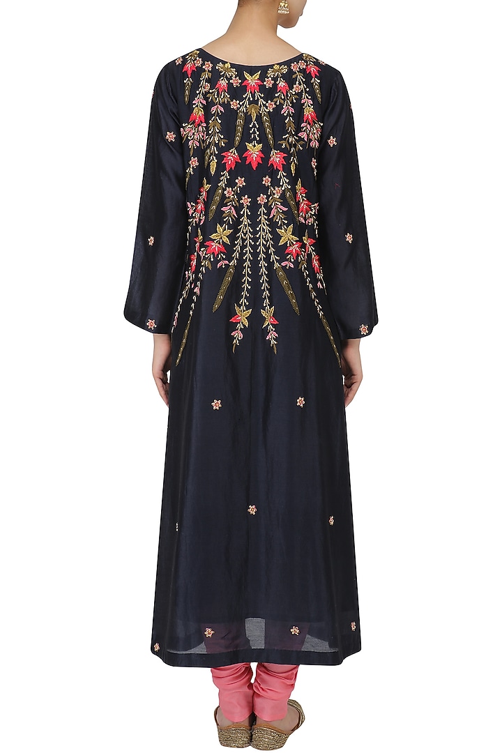 Navy and pink embroidered A line kurta set available only at Pernia's Pop Up Shop.