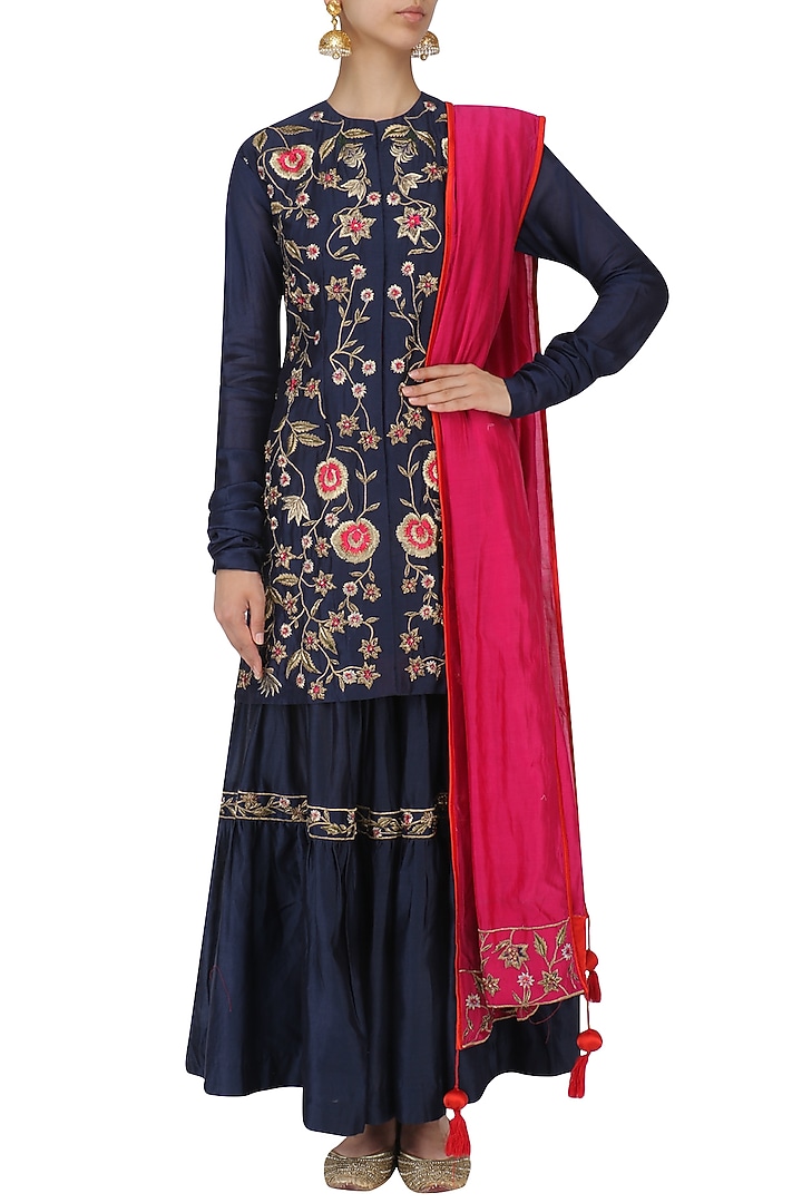 Navy embroidered sharara set available only at Pernia's Pop Up Shop.
