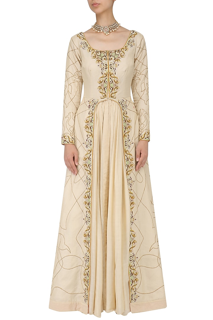 Natural zari embroidery open gown available only at Pernia's Pop Up Shop.