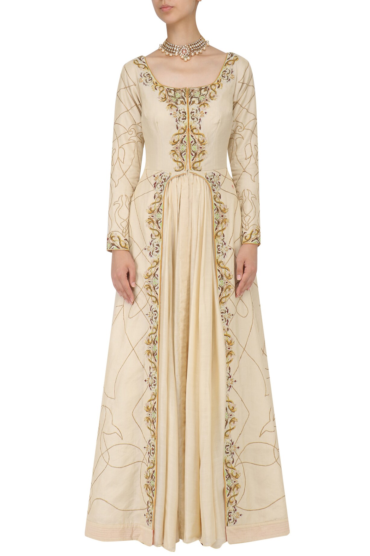 Made-to-measure Gold Layered Gown with Crystal Zari Embroidery and Dupatta