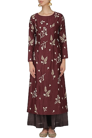 Maroon and Brown Floral Embroidered Kurta Set by Samant Chauhan