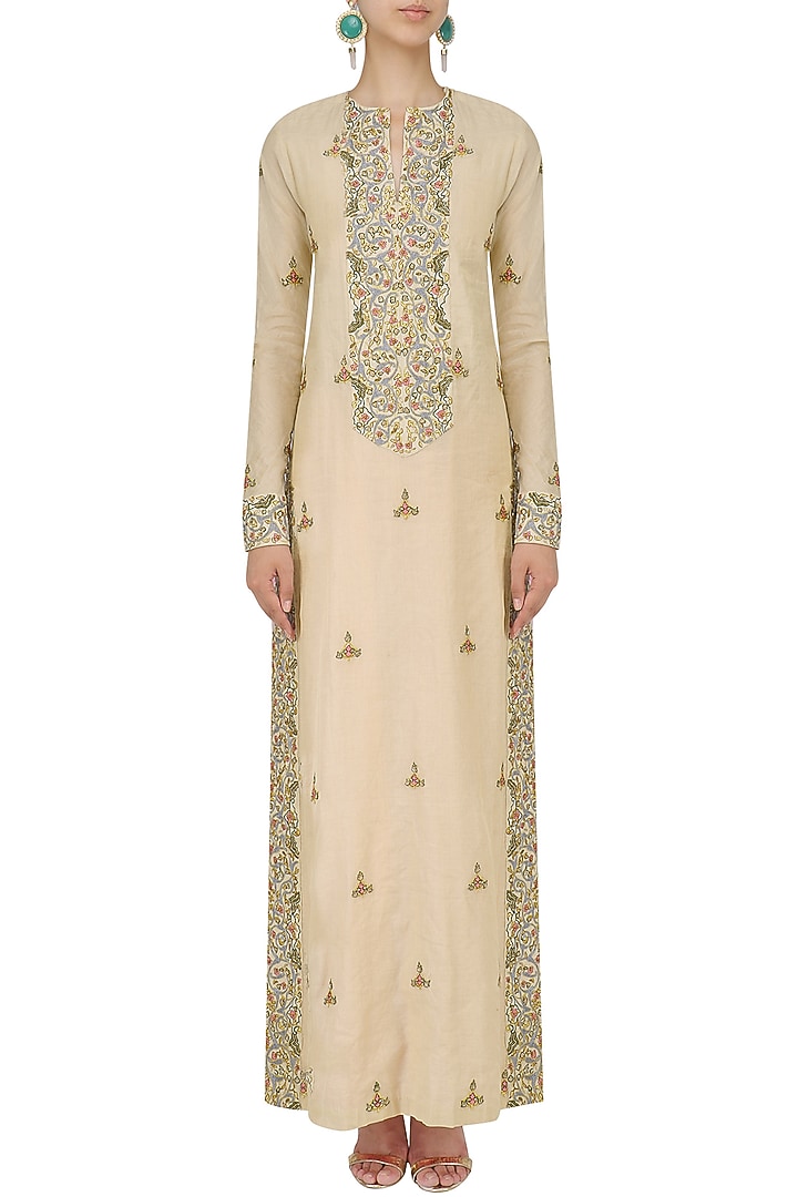 Natural thread and zari embroidered straight gown available only at Pernia's Pop Up Shop.