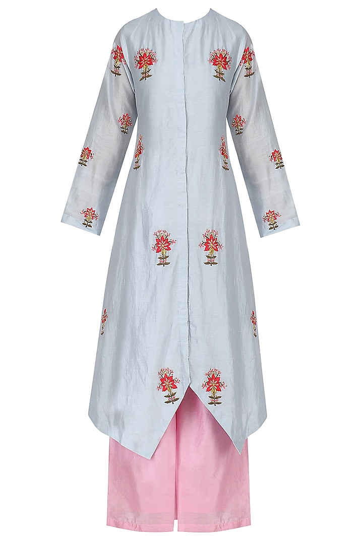 Sky Blue and Pink Thread Embroidered Kurta Set by Samant Chauhan
