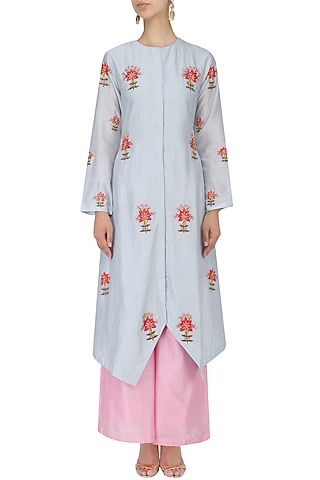 Sky Blue and Pink Thread Embroidered Kurta Set by Samant Chauhan