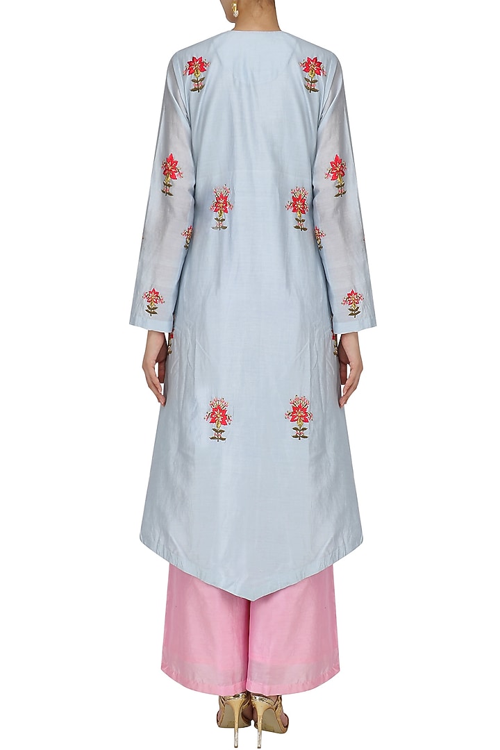 Sky blue and pink thread embroidered kurta set available only at Pernia's Pop Up Shop.