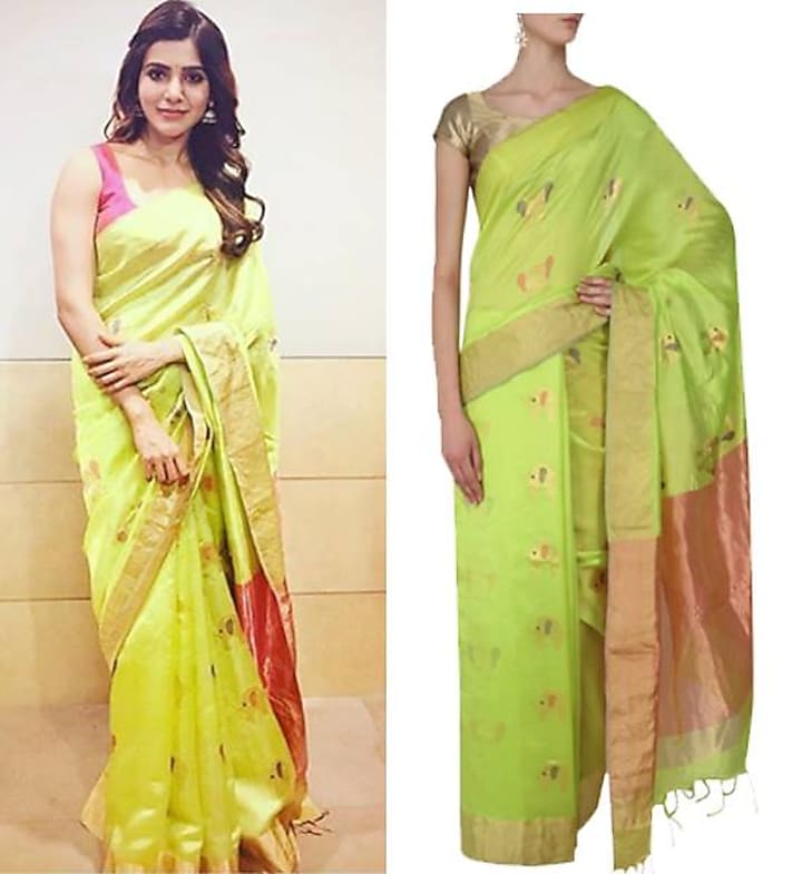 Lime green elephant motifs chanderi saree available only at Pernia's Pop Up Shop.