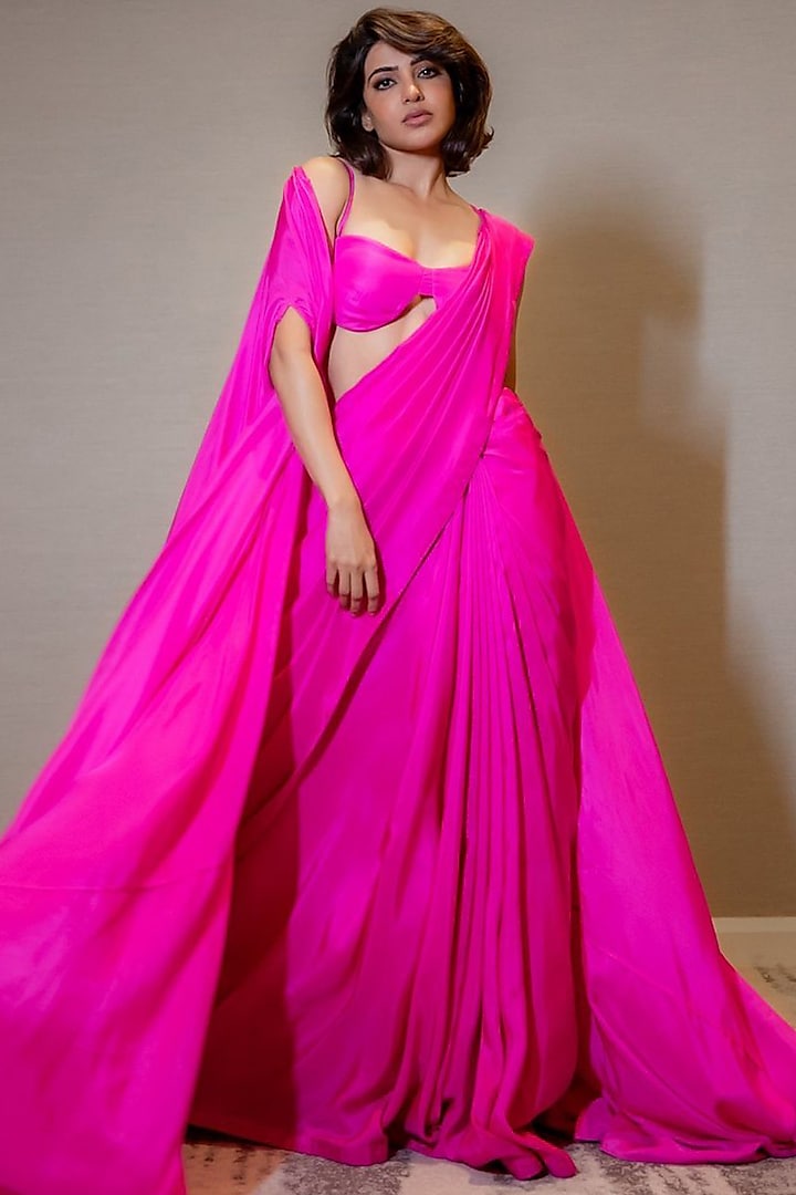Fuchsia Pink Silk Handwoven Saree Set by Ekaya
