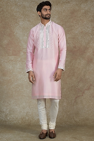 Baby Pink Pure Chanderi Silk Embroidered Kurta Set by ALOUKIK