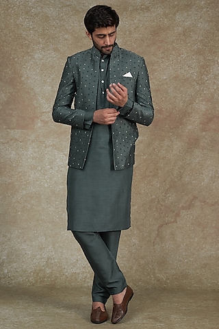 Grey Viscose Silk Indowestern Set by ALOUKIK
