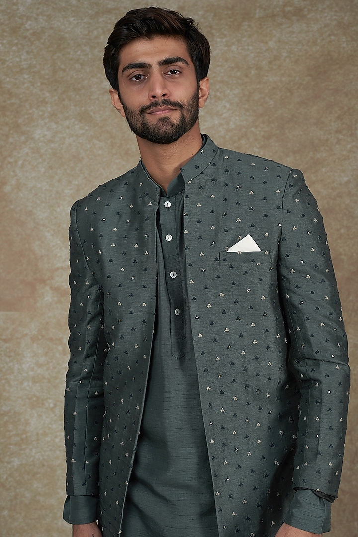 Grey Viscose Silk Wedding Indowestern Set by ALOUKIK at Pernia's Pop Up Shop